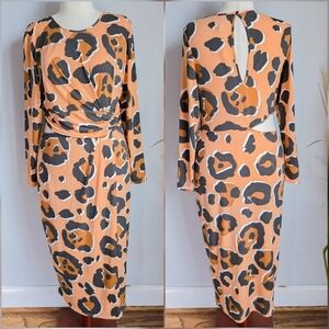 ASOS, New, Leopard Print Long Sleeve Cut Out Draped Ruched Maxi Dress Size 12